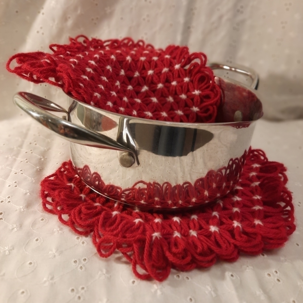 Vintage Octagon Hand Crocheted Trivets Red and White Fringed